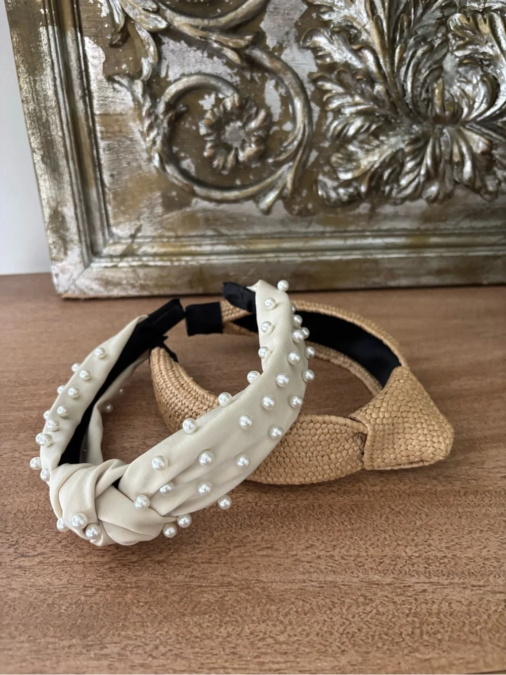 Pearl-Embellished Headband and Raffia Knotted Headband